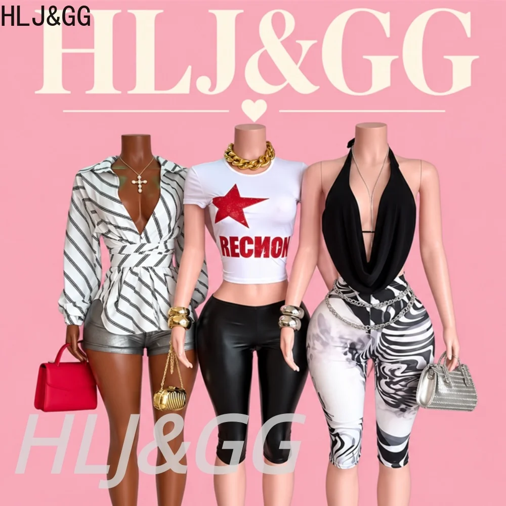 HLJ&GG Women 2 Piece Outfit Set Star Letter Print Crop Top Short Sleeve + High Waist Leather Capri Pants Y2K Streetwear Clubwear