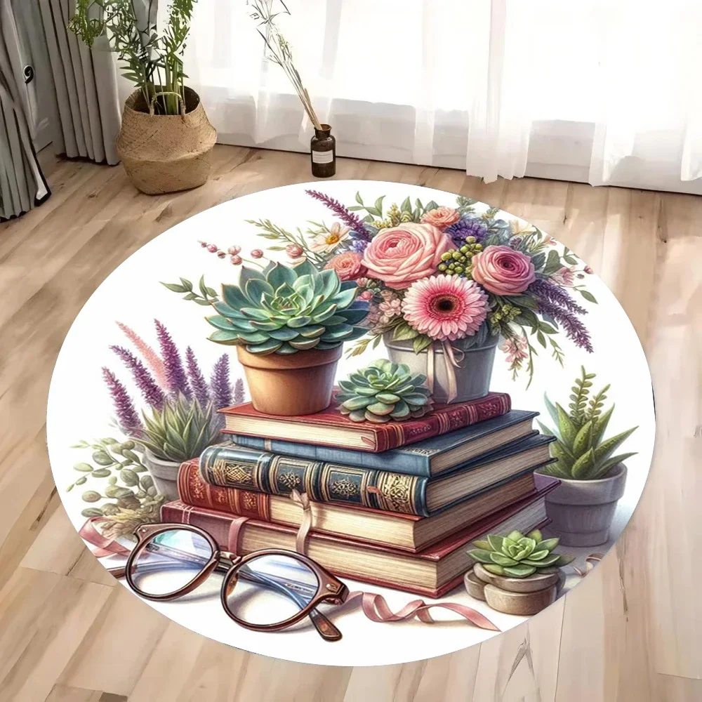 Retro Ancient Books & Butterfly Round Rug – Floral Printed Non-Slip Mat for Bedroom, Living Room & Chairs