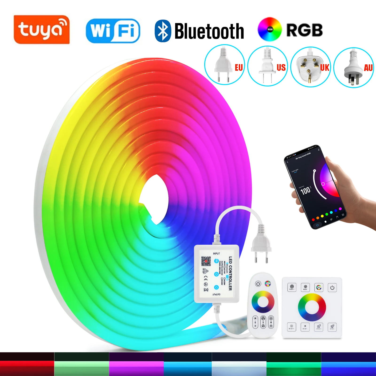 

WIFI Bluetooth RGB Neon LED Strip Light 110V 220V Waterproof Outdoor 5050 Rope Lamp With Dual Touch Remote/Power Plug for Garden