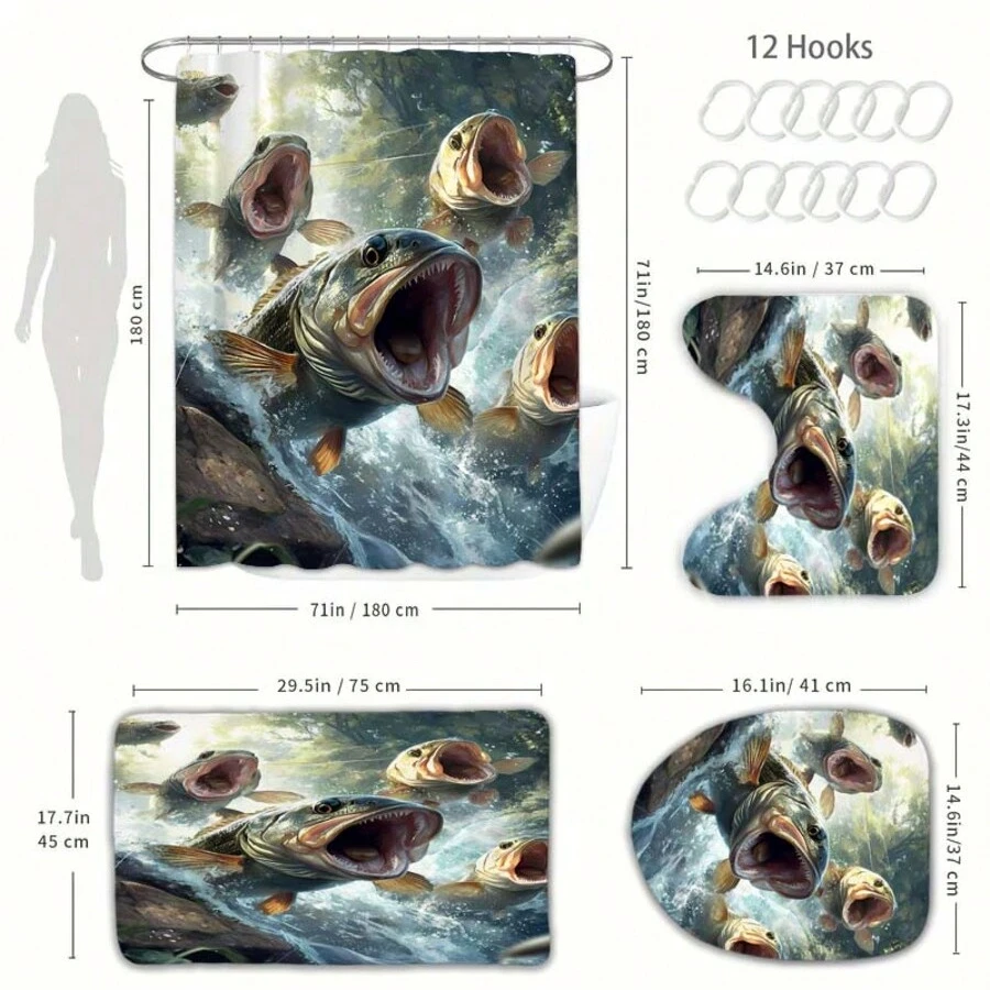 4pcs Creative Jumping Fish Waterproof Shower Curtain Set,Suitable For Winter, New Year, Holidays, Premium Home Decor Accessory