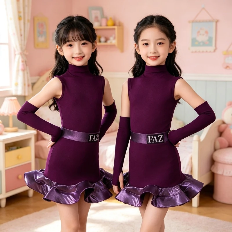 

Girls Rumba Ballroom Latin Dance Dress Sleeveless Elegant Dance Costume Professional Competition Stage Performance Dancewear