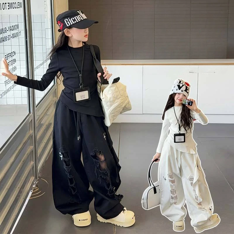 design 4-14 teen girls ripped trousers junior kids Cotton irregular ribbon top t-shirt Lace holes wide leg pants child outfits