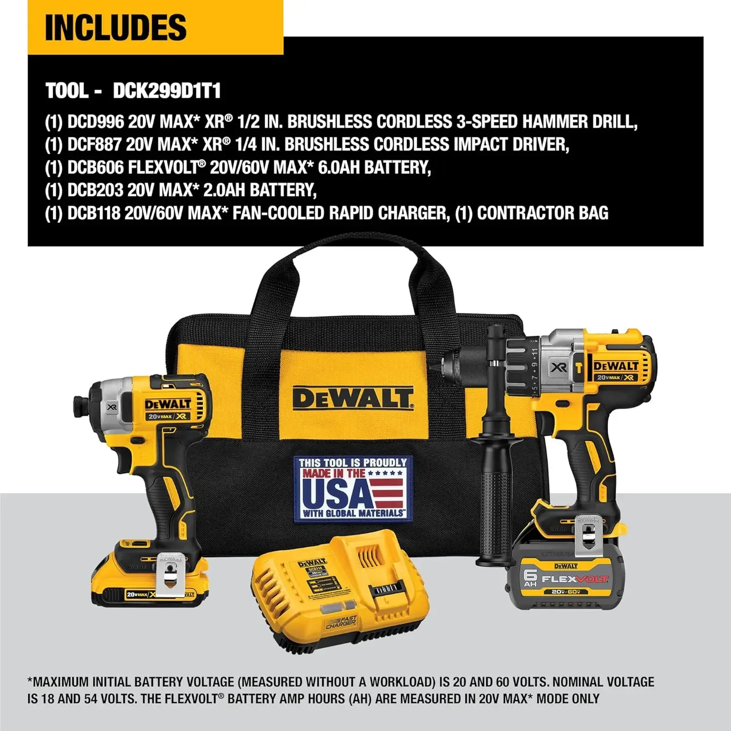 DEWALT FLEXVOLT 20V /60V MAX Cordless Drill Combo Kit,Hammer Drill &Impact Driver with Battery and Charger Included (DCK299D1T1)