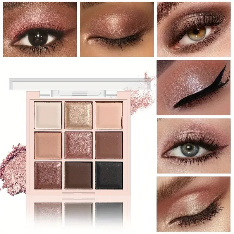 9-color eyeshadow palette, coffee brown & nude metallic tones, matte glitter & metallic finish, smoky makeup, party & stage