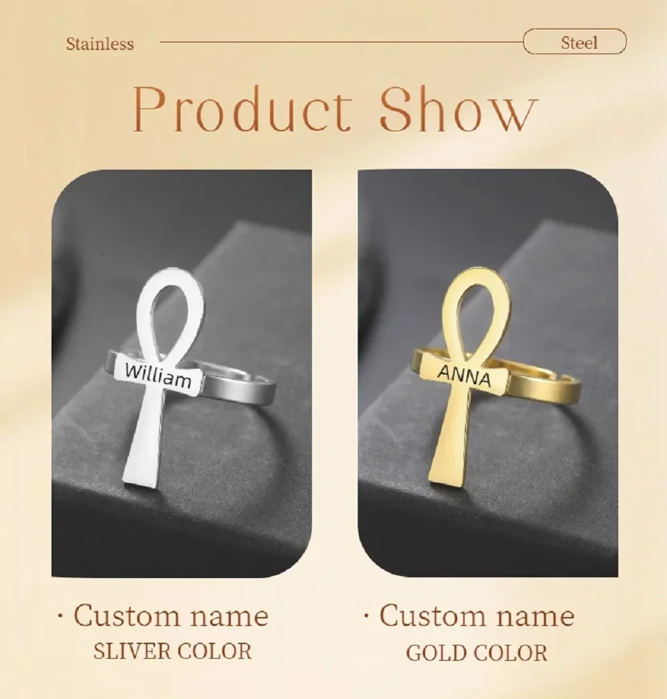 Sipuris Kreuz-Ring mit individueller Gravur für Damen und Herren, personalisierter afrikanischer ägyptischer Ankh-Buchstabenring, Schmuckgeschenk – Detail 7