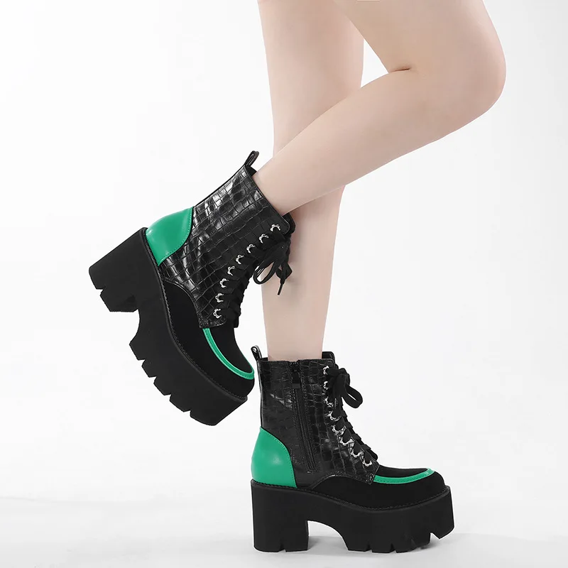 

New Arrivals Color Block Snakeskin Embossed Women Boots with Thick Waterproof Platform and Chunky High Heels womens boots