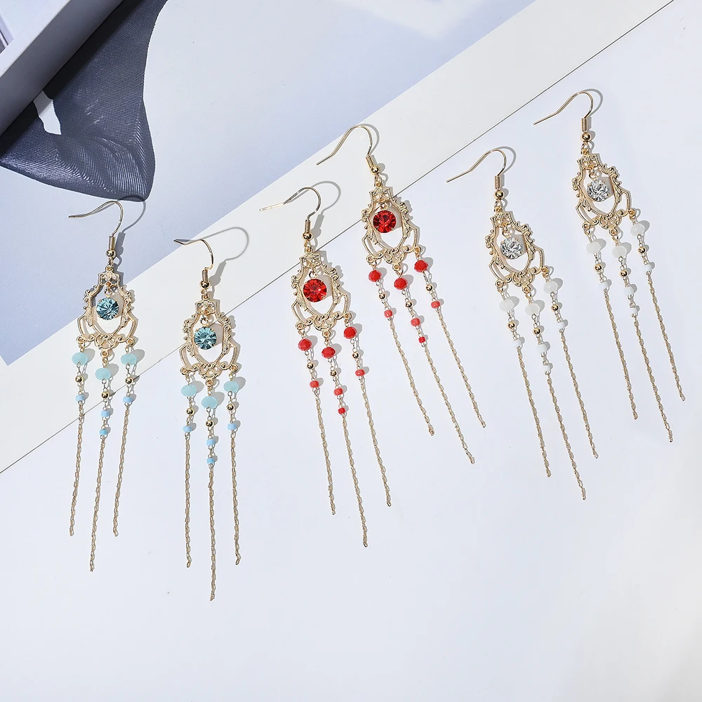 Quality Fashion Jewelry Classic Charming Inlaid Crystal Fine Handmade Beading Long Tassels Retro Earrings Women's Daily Gifts