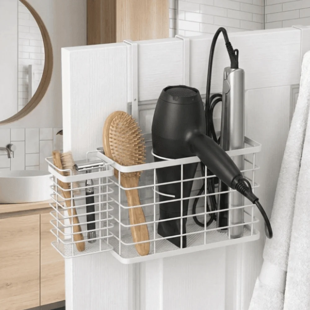 Adjustable Door Rear Storage Rack Metal Cabinet Door Hair Dryer Holder Wall Mounted Multi-functional Storage Basket Bathroom