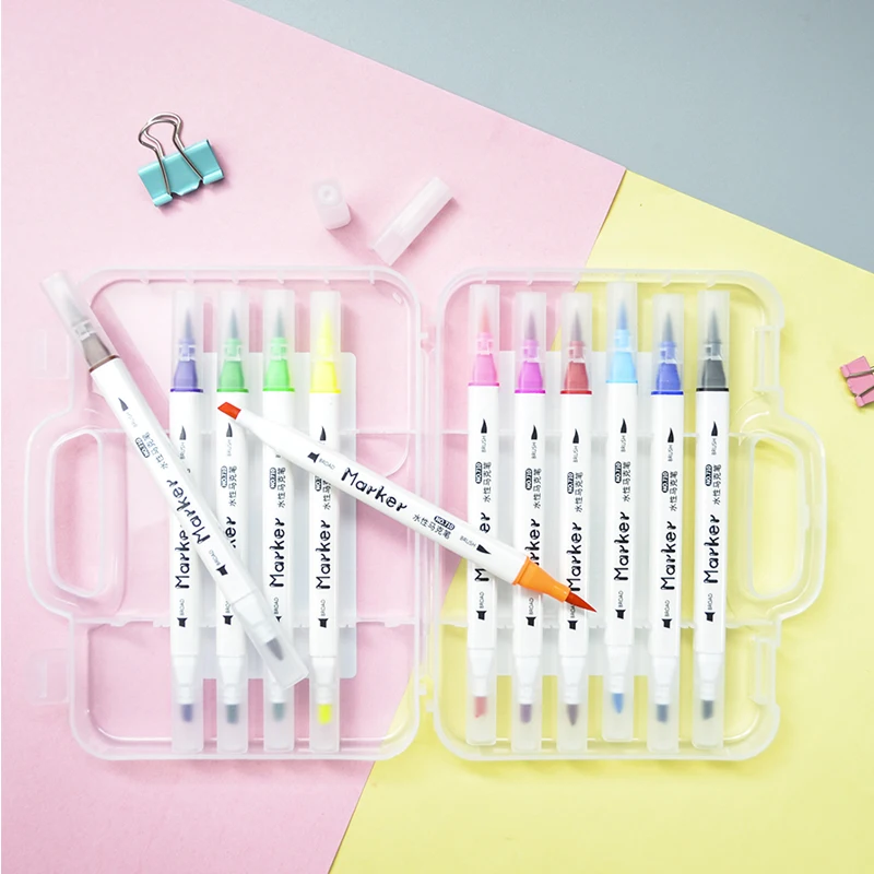 12 Water Based Marker Pen Washable Set Student Double Head Soft Head Color 12 Color Watercolor Pen