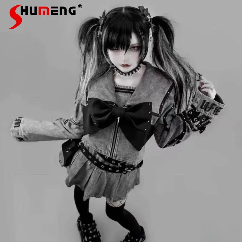 

Japanese Rojita Sailor Collar Alt Punk Style Y2K Rivet Top Sweatshirt And Skirt 2 Piece Set Dark Cool Design Zipper Coat Outfits