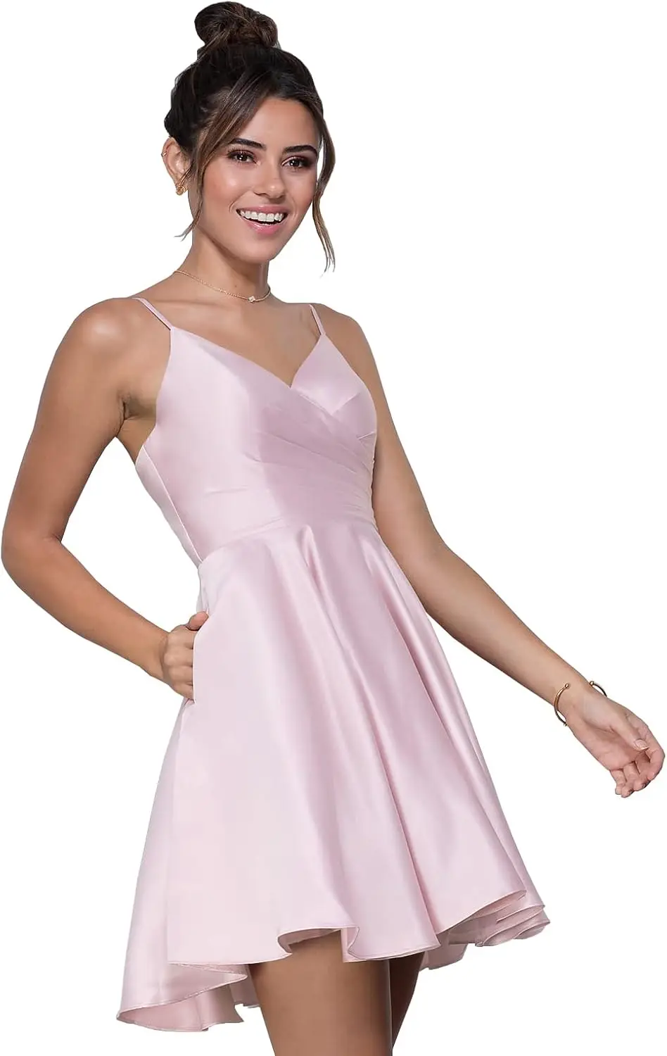 

Women's Spaghetti Strap Homecoming Dresses for Teens with Pockets VNeck Short PromDress Satin Simple Pleated Light Pink BallGown