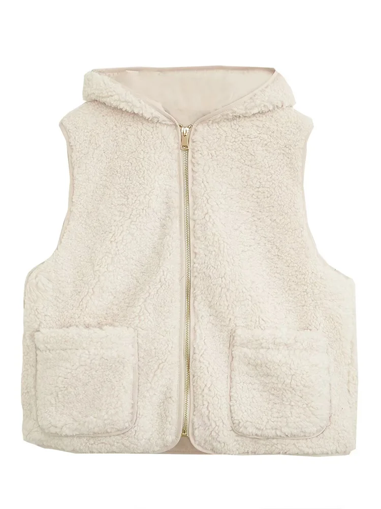 

European style new women's fashion versatile temperament patch pocket decoration sleeveless fleece hooded vest top
