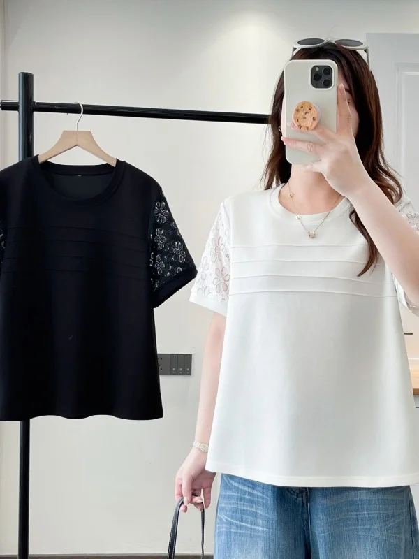 Casual Korean Style Women's T-Shirt Summer 2026 Hollow out Sleeve Splice round Neck Large Size Pullover Soft Comfortable Poly...