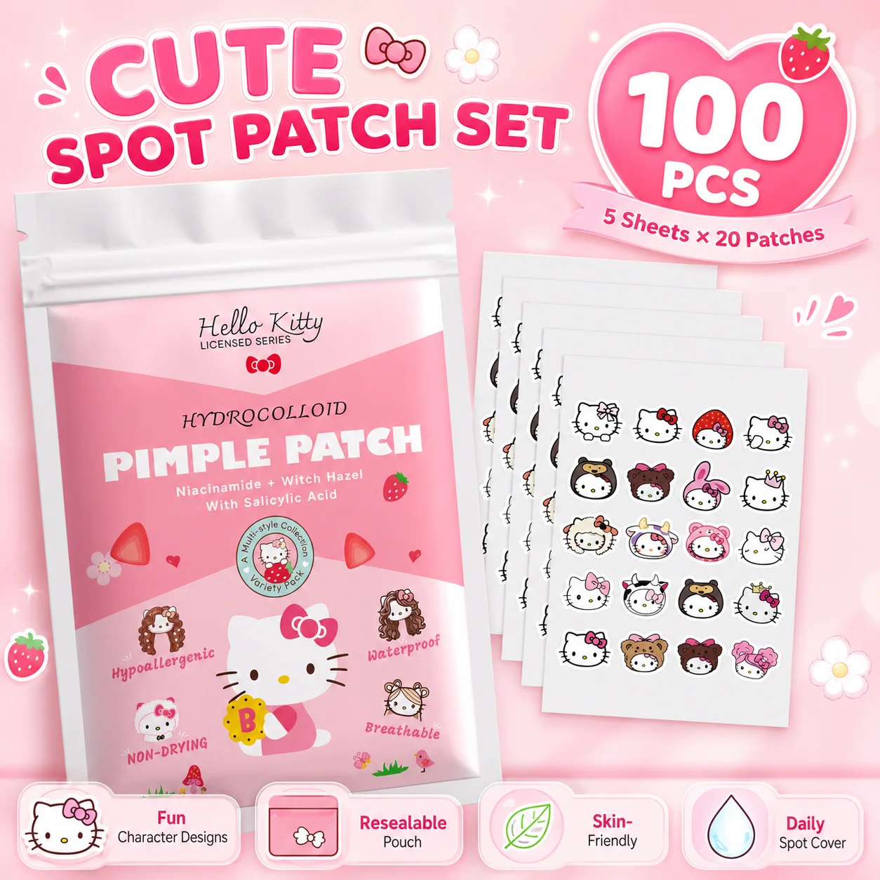 100PCS hello kitty Acne patches, facial acne patches, hydrogel acne removal patches, concealer