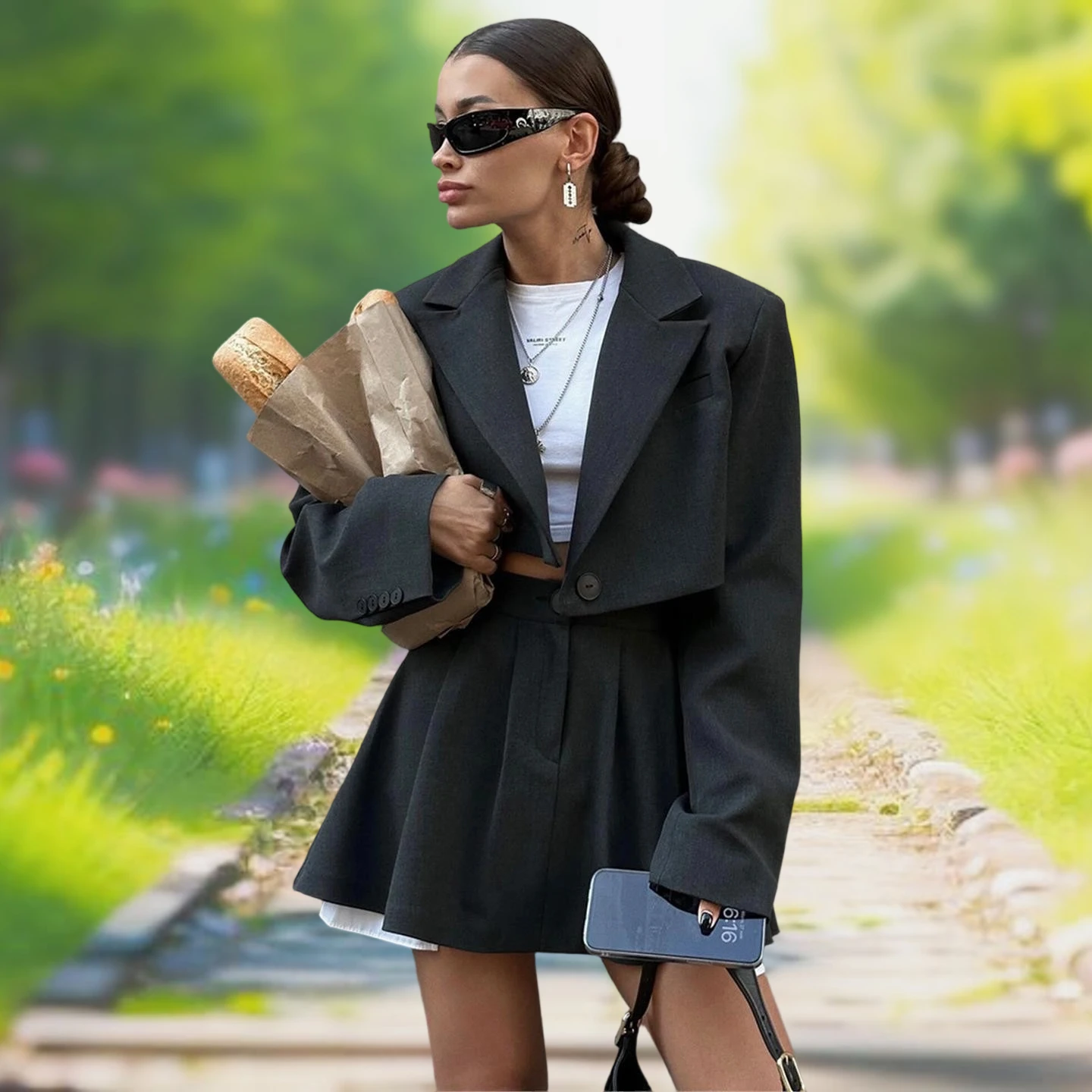 봄 여름 정장 스커트 세트 울트라 플립 칼라 정장 여성 패션 앙상블 롱 슬리브 캐주얼 웨어 성인용