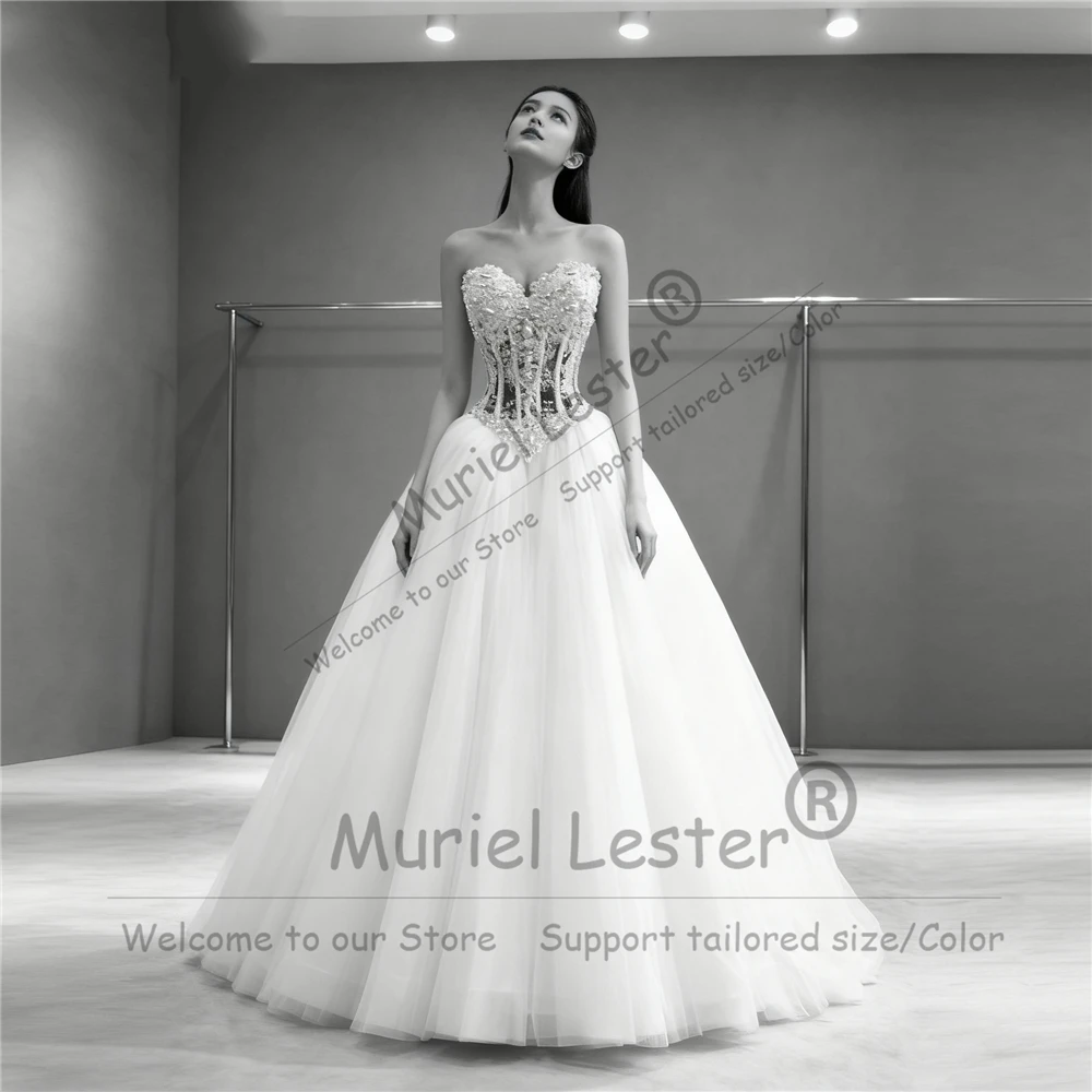 Luxury Crystals Beaded Tulle Wedding Dresses For Bride Attire Sweetheart Sleeveless A Line Bridal Gown Customized Robe De Mariee