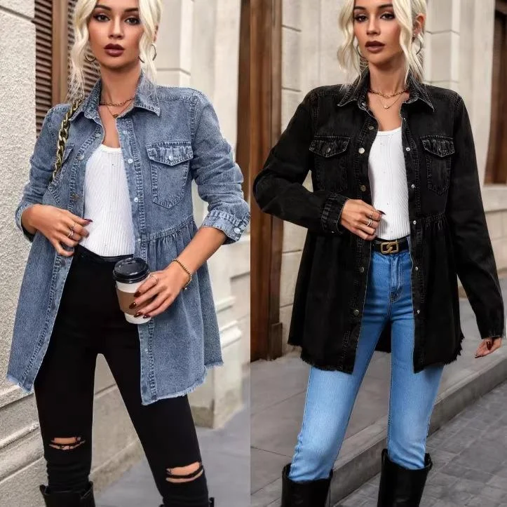 

Women's Long Fringed Denim Shirt Top Jacket Loose Fit Winter Fashion Outerwear Casual Style No Brand Registered Trademark
