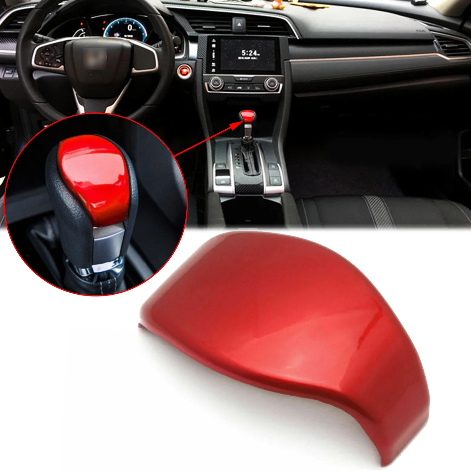 Sporty Red Interior Gear Shift Lever Knob Cap Cover Molding Trim Sticker Overlay For Honda Civic 2016 2017 2018 2019 2020 2021