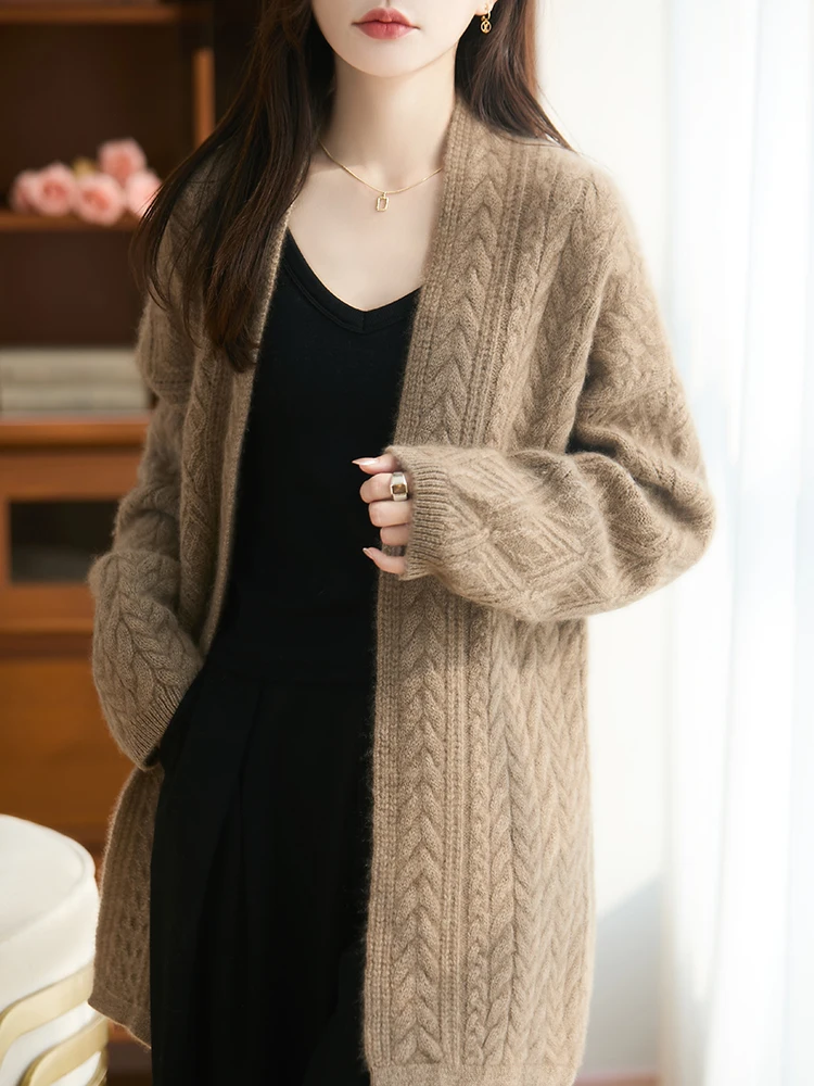 

Women Pure Wool Sweater Casual Loose Twist Flower Cardigan Autumn Winter 100% Merino Wool Knitwear Korean Popular Clothing Tops