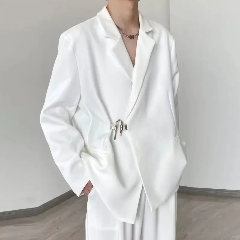 Men's Korean Style Spring Casual Suit Jacekt Metal Buckle Male Loose Male Solid Color Blazers Harajuku Long Sleeve Coats