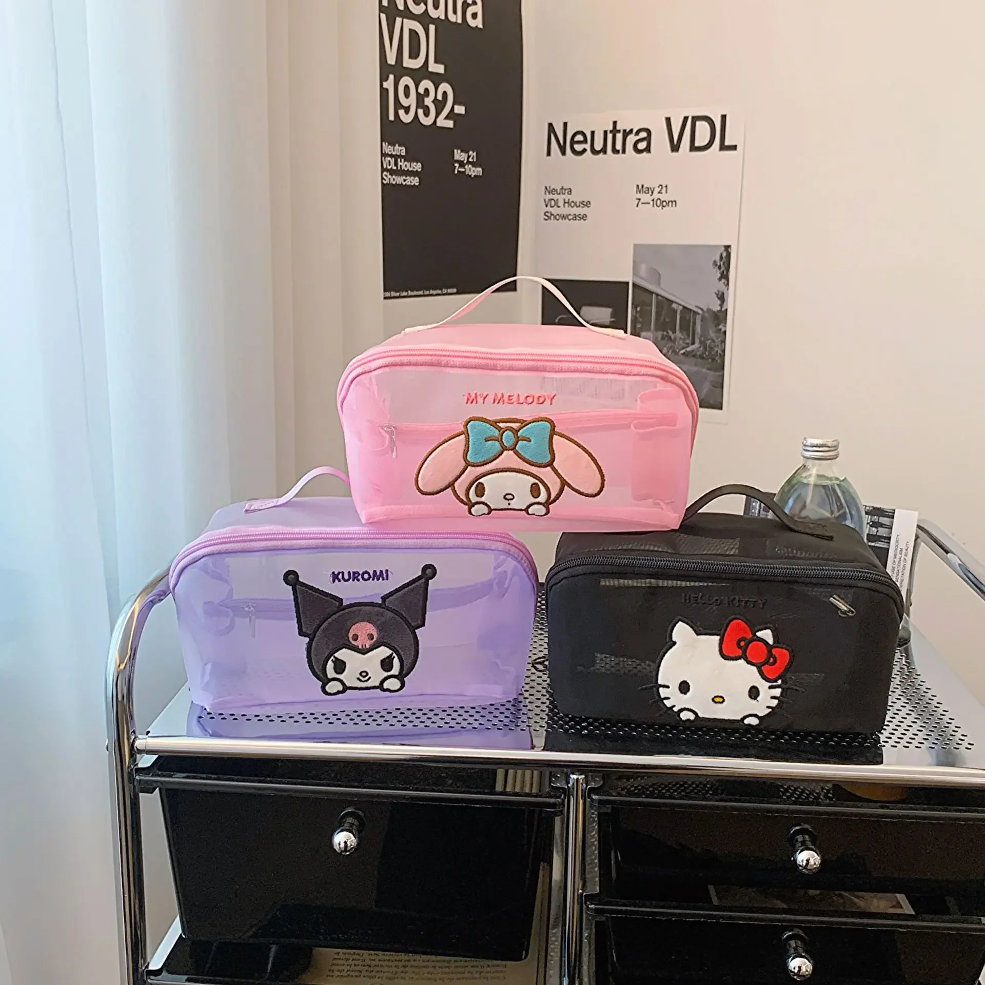 

New Sanrio Mesh Pencil Case Kuromi Hello Kitty Cartoon Gauze Makeup Bag Large Capacity Organizer Case Toiletry Bags Girls Bag