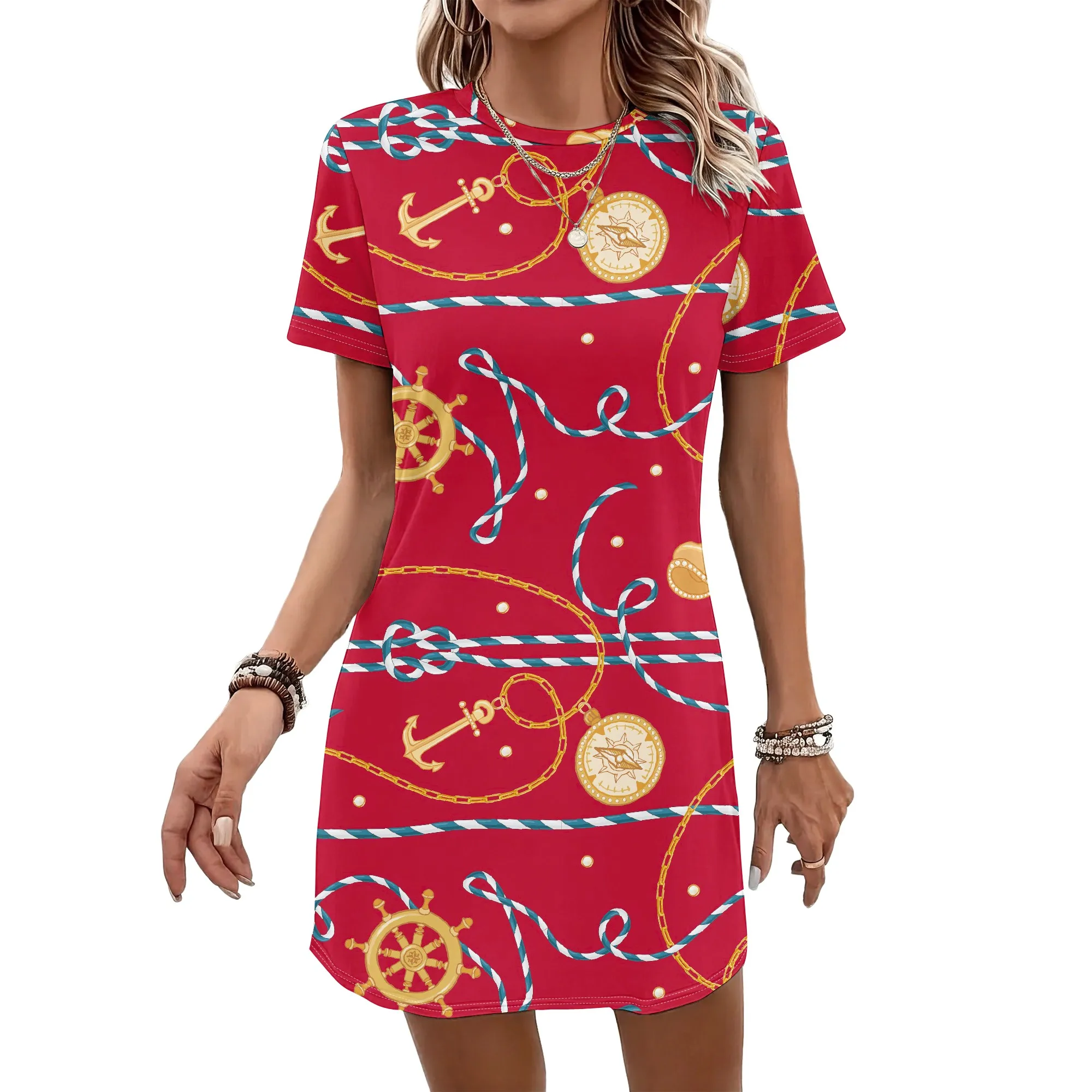 T-Shirt-Kleid mit nautischem Aufdruck, Anker- und Seilmuster, Schiffsrad-Design, lässige Sommerkleidung für Damen, S-2XL – Detail 1