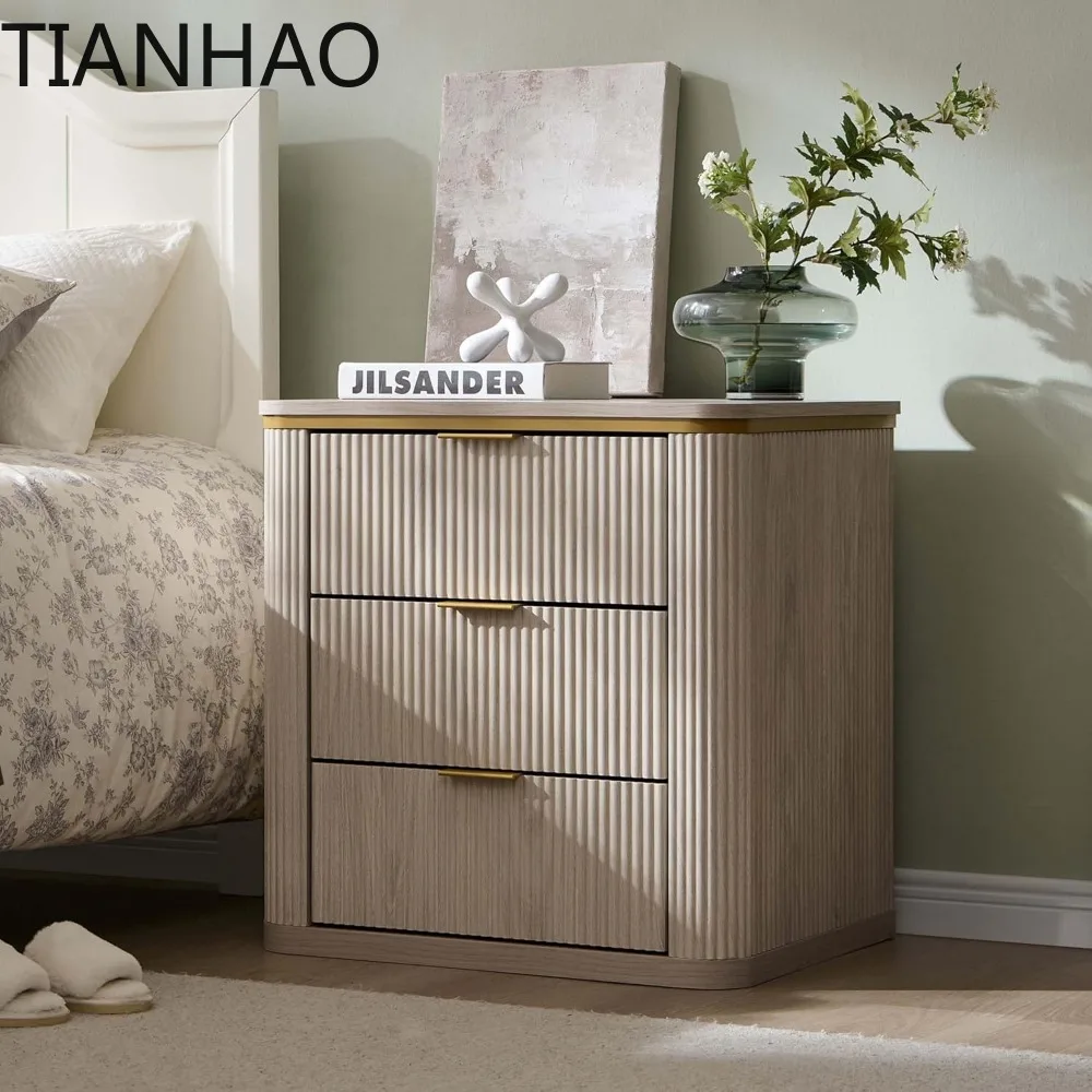 24 Large Mid Century Modern Fluted Nightstand with 3 Drawers, End Table, Bedside Table for Bedroom, Living Room (White Alder)
