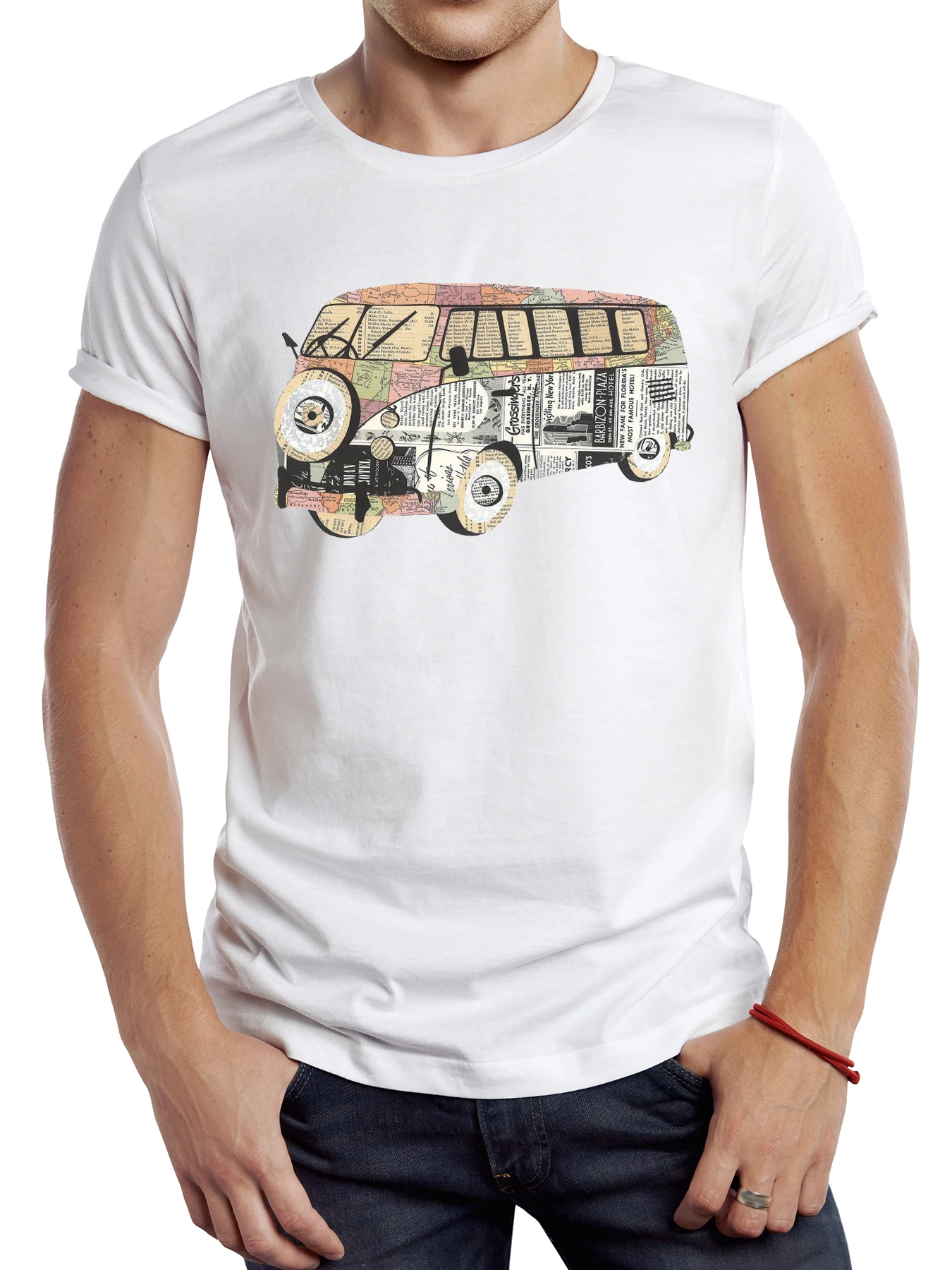 

FPACE Retro Van by Paper Men T Shirt Casual Car Male Tops Hipster Vintage Newspaper Camping Bus Printed Tee