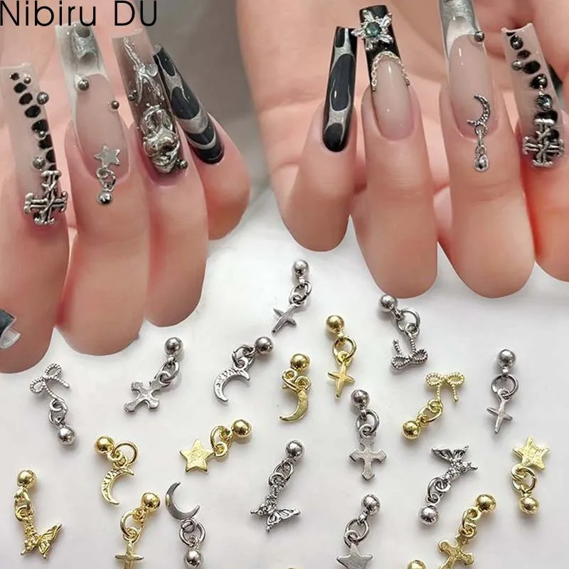 12 Stück Stern Anhänger Silber Gold Nail Art Charm Luxus Schmetterling Kreuz Mond Legierung Anhänger Nägel Zubehör DIY Maniküre Dekorationen