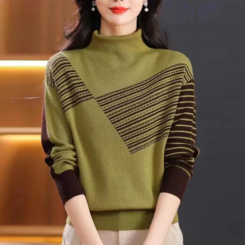 เสื้อสเวตเตอร์แบบสวมหัวถักลายทางสำหรับผู้หญิงเสื้อผ้าฤดูใบไม้ร่วง2024ใหม่เสื้อคอเต่าแฟชั่นอบอุ่นพื้นหนาสลิม