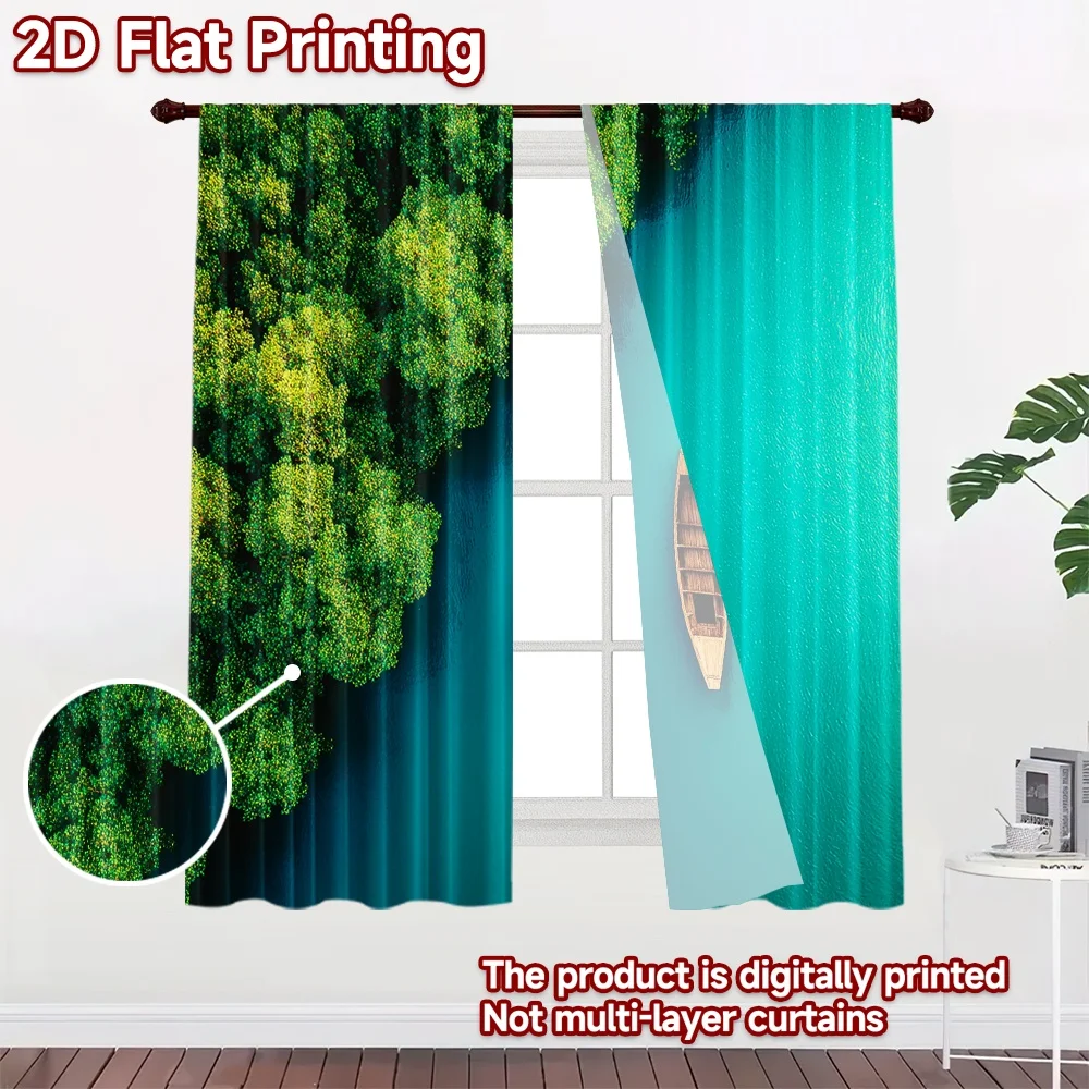 2D flat printing 2pcs Curtains Aerial Boat Green Trees Digital Printed Polyester Drapes Festive Curtains Perfect for Home &