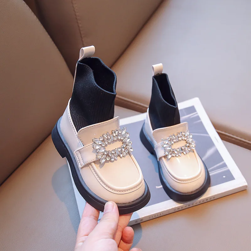 Children Ankle Boots Sock Girls Patent Leather Autumn Chelsea Boots Kids Rhinestone Shoe Black Fashion Kids Sneakers 3-12 Year