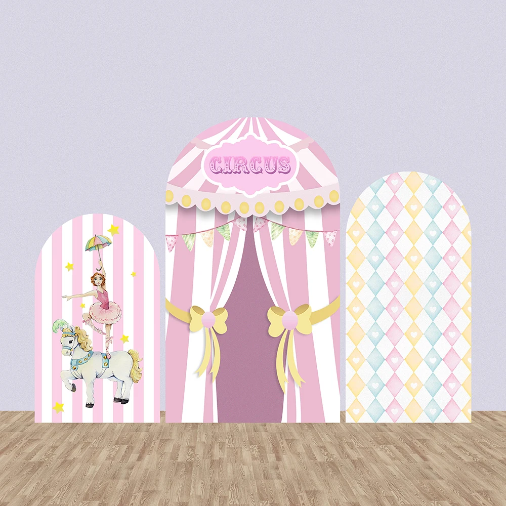 Decoración de fiesta de cumpleaños con tema de circo rosa, cubiertas de pared arqueadas de Chiara, cabina de fotografía de fondo de chica de Ballet de caballo