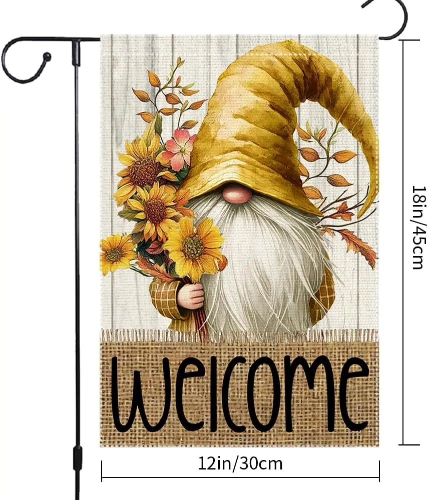 Welcome Fall Gnome Garden Flag 12x18 Inch Small Burlap Autumn Seasonal Wildflowers Double Sided Decor Seasonal Yard Outdoor  LLG