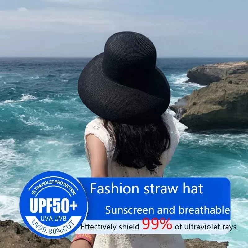 Female Summer women\'s hat Hepburn Style Vintage Design Wide side Straw Hat Solid Color Beach Holiday Beach Hat Big Sun Hat