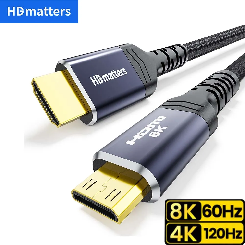 8K Mini HDMI Cable 4K 120Hz Mini HDMI to HDMI 2.1 Adapter Cable Braided Bi-direction HDMI to Mini HDMI 2.1 Cord HDR CEC Earc
