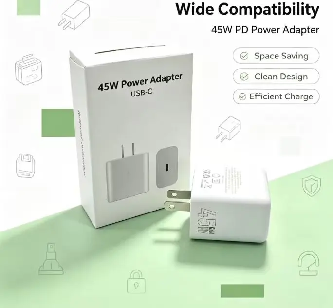 45W GaN Wall Charger US Plug USB‑A Type‑C Dual Output PD  Fast Charging Compact Portable Charger for Smartphones Tablets Laptops