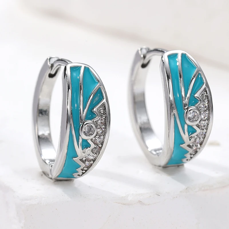 Ethnic Silver Color Inlaid White Cubic Zirconia Earrings Vintage Design Metal Hand Carving Blue Pattern Hoops Earrings Woman
