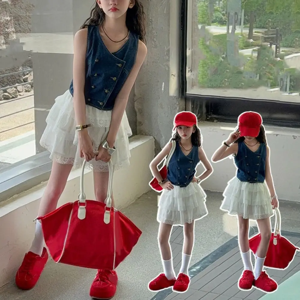 

Fashion Cowboy Vest Girls Sweet Clothes Set Loose Children Vest Cake Skirt Set Clothing Lace Teens Two Pieces Suit Kids