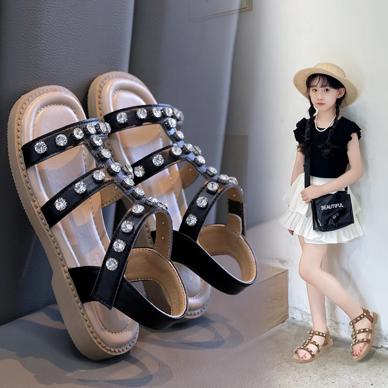 Girls Hollow Open Toe Sandals Shining Rivets Rhinestone Summer New Korean Wedding Princess Shoes Roman Children's Sandals