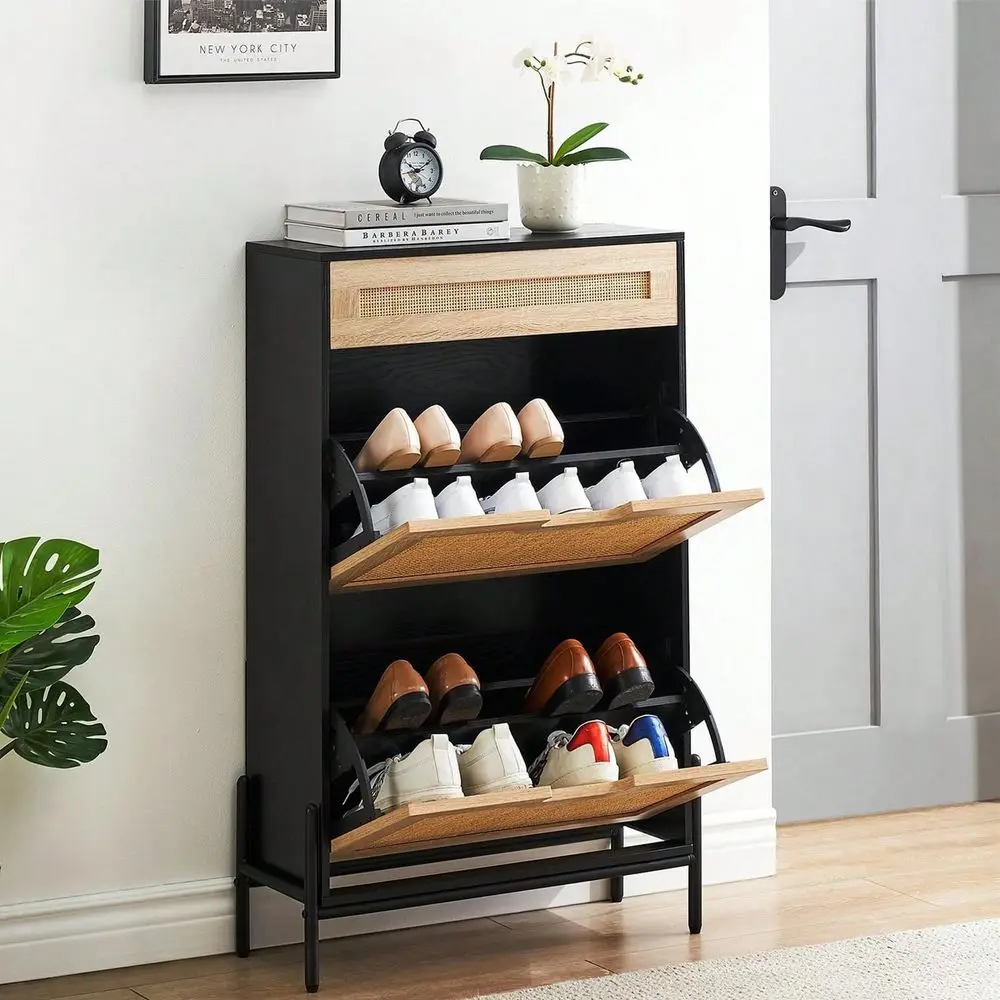 

Shoe Cabinet Storage With 2 Flip Drawers,Slim Freestanding Wooden Shoe Storage Organizer Cabinet With Linen Front Panels,SpaceS
