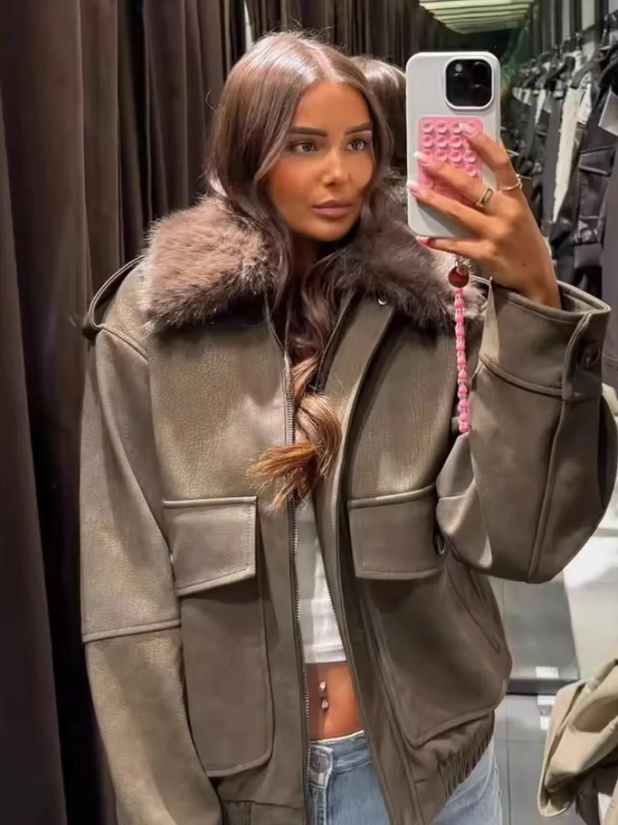 

Warm Detachable Fur Collar Stand Collar Jaet Women's Faion Briti Sle Winter Coat Polyester Fiber Long Sve Zipper