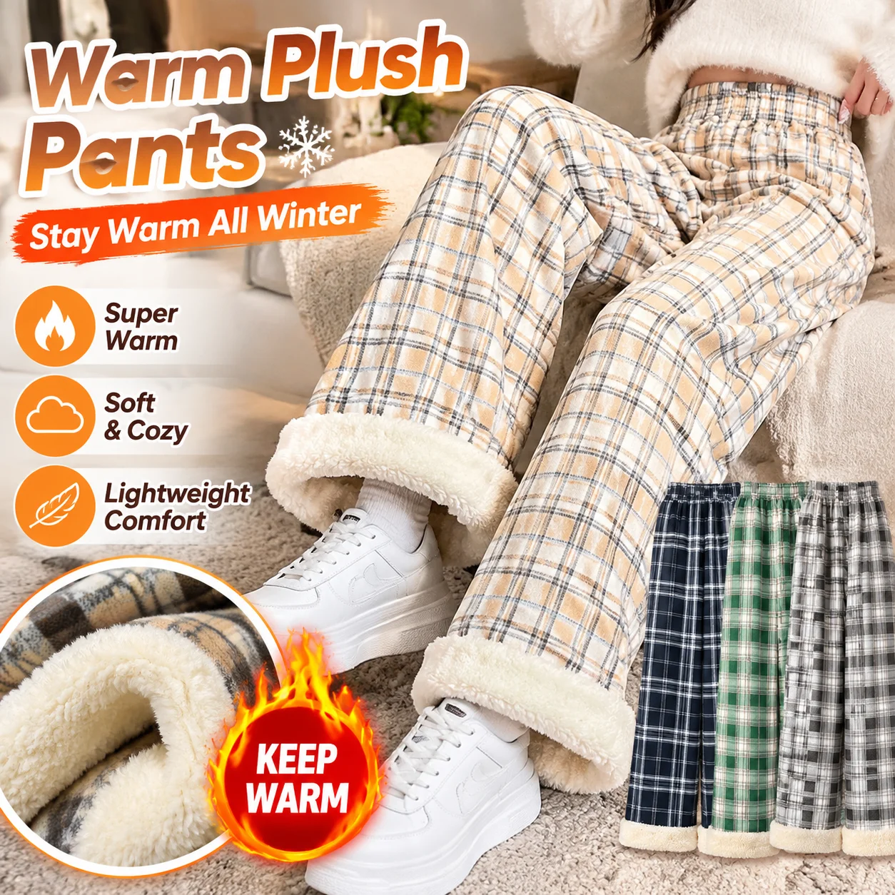 Fashion Warm Plush Pants Cashmere Thick Plaid Ladies Winter Casual Loose Wide-legged Pants Korean Streetwear Students