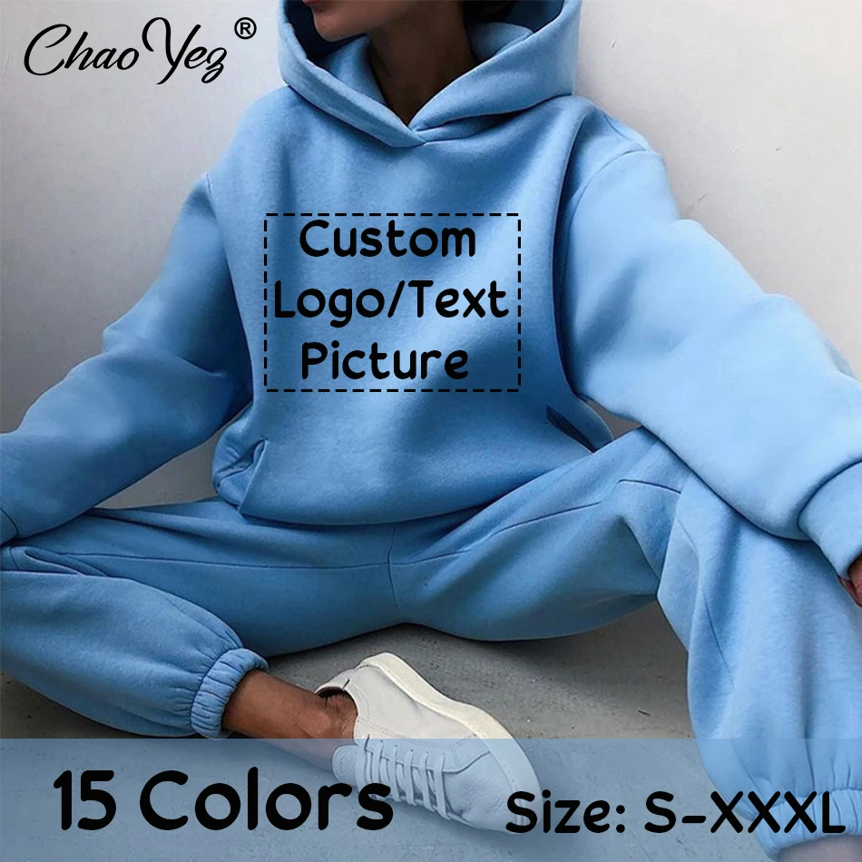 DIY Women Fleece Two Piece Sets Elegant Custom Logo Oversized Warm Hoodies And Long Pant Sports Suit Autumn Winter Tracksuit