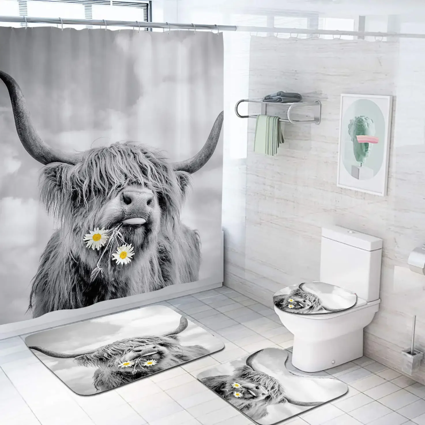 Funny Cow Shower Curtain Sets Bathroom Set Highland Bull Farm Western Rural Daisy Flower Bath Mat RugToilet Lid Cover Non-Slip