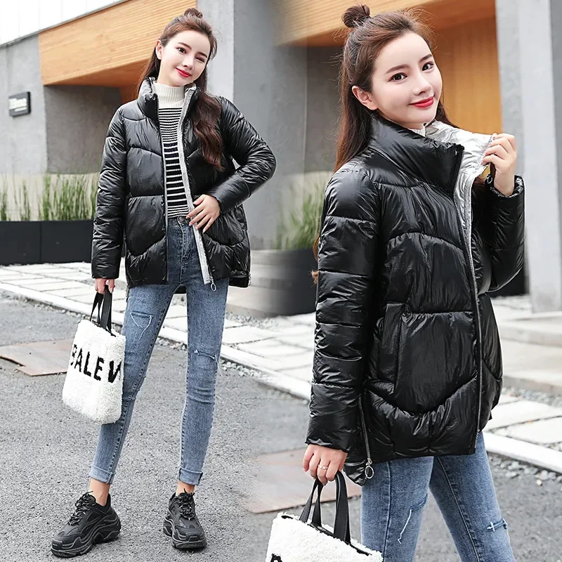 2023 New Women Parkas Winter Jacket Thick Casual Down Cotton Warm Short Jackets Korean Glossy Waterproof Zipper Ladies Coats