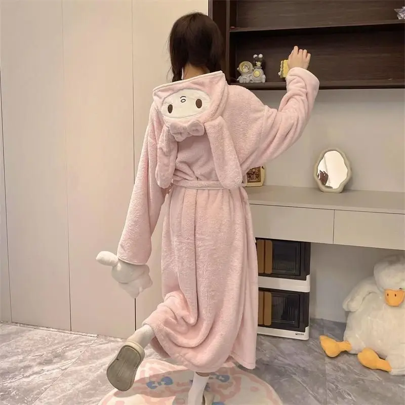 New Hello Kitty  cute hooded nightgown cartoon kawaii thick absorbent quick-drying long adult bathrobe pajamas