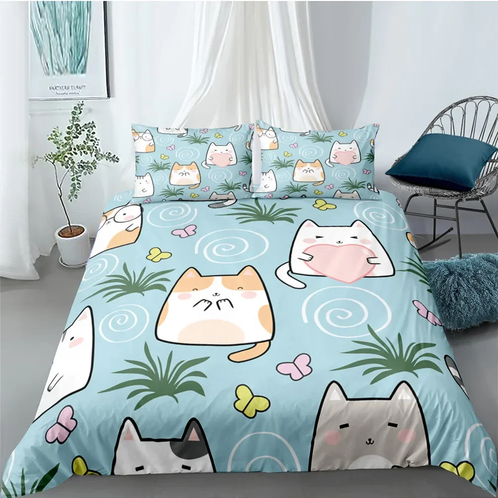 Cartoon Cat Duvet Cover Set for Kids Girl Microfiber Kitten 2/3pcs Cartoon Animal Bedding Set Single Twin Queen King Quilt Cover