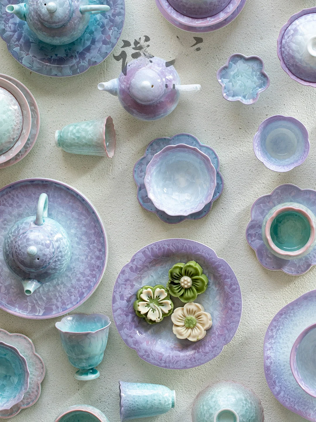 

Crystal Glaze Lavender Tea Set Collection including Tea Pot Cover Bowl Pudding Cup Cover Chi Gong Tea Set Ceramic H...