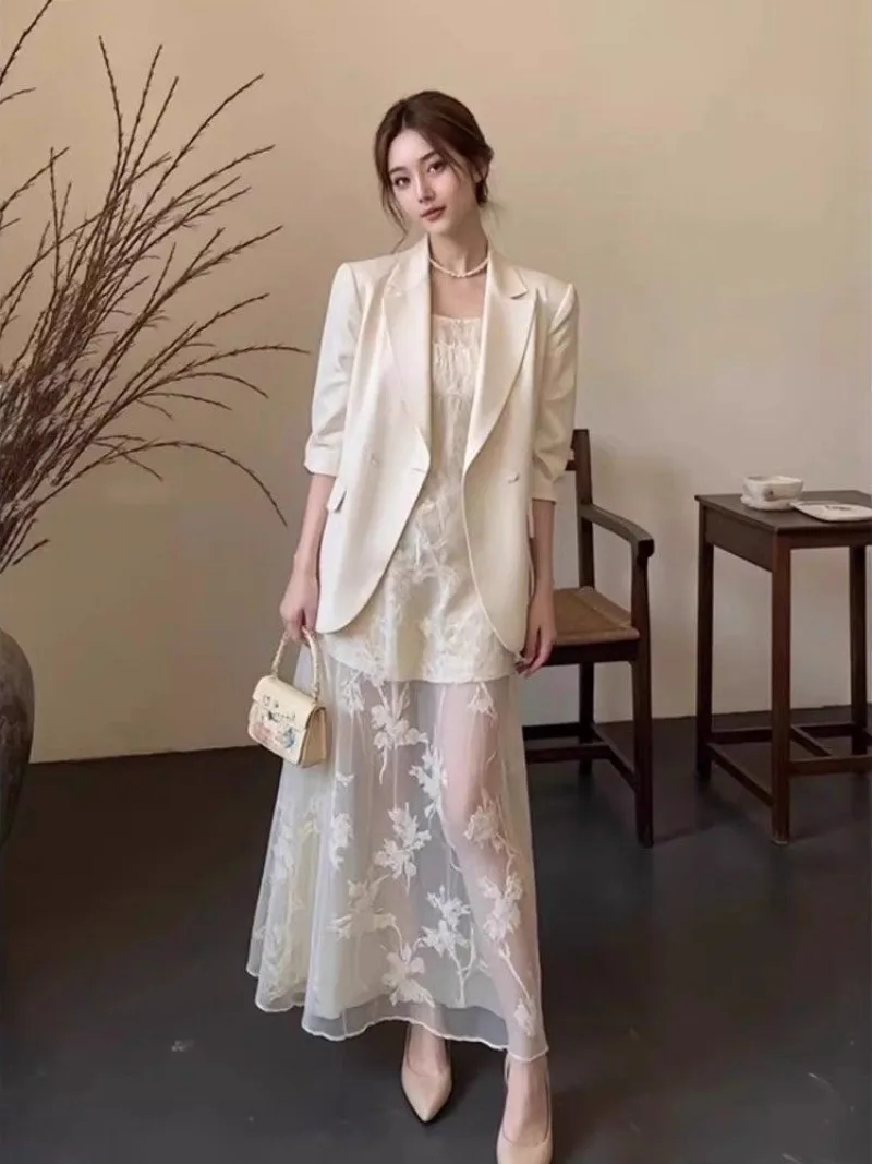New High End Autumn Dress Set Women Korean Fashion Elegant Slim Long Sleeve Jacket + Lace Patchwork Sling Dresses Two Piece Set